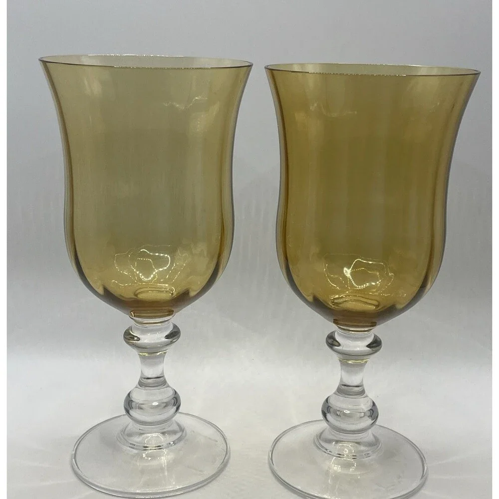 Mikasa French Countryside Amber Crystal Goblet Stem Water Glass Gold Yellow